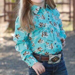 Cruel Girl Turquoise Multi Print Snap Long Sleeve Shirt